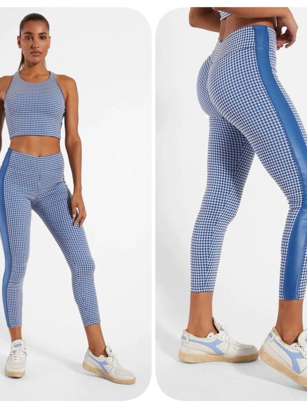 Koral Activewear Set Blue Gingham Active Leggings High Neck Top Sports Bra XS 2